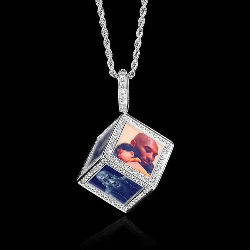 Custom Cube Memory Photo Pendant Necklace with Micro-Pave Zircon Stones | Caratix Jewelry - CaratixJewelry