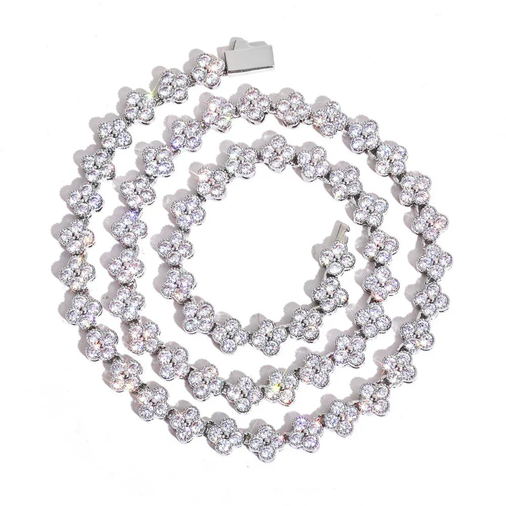 7mm Men's Full Zircon Clover & Plum Blossom Necklace | Niche Floral Iced Out Chain | Premium Hip Hop Bling | Caratix - CaratixJewelry