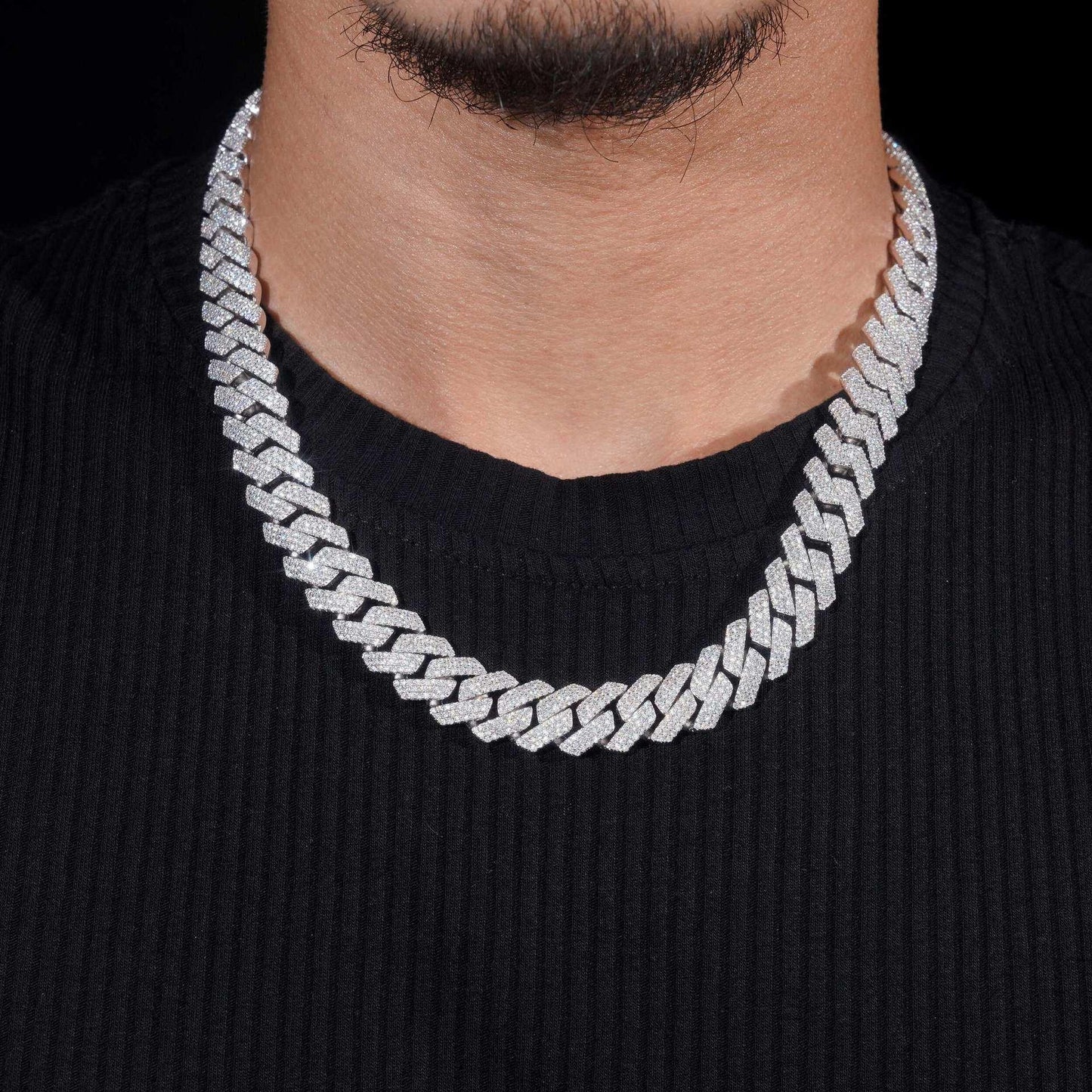 14mm Triple-Row Moissanite Cuban Link Necklace | S925 Silver Iced Out Chain - CaratixJewelry