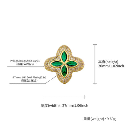 Men's Iced Out Four-Leaf Clover Ring | Flower Motif Hip Hop Band | Caratix