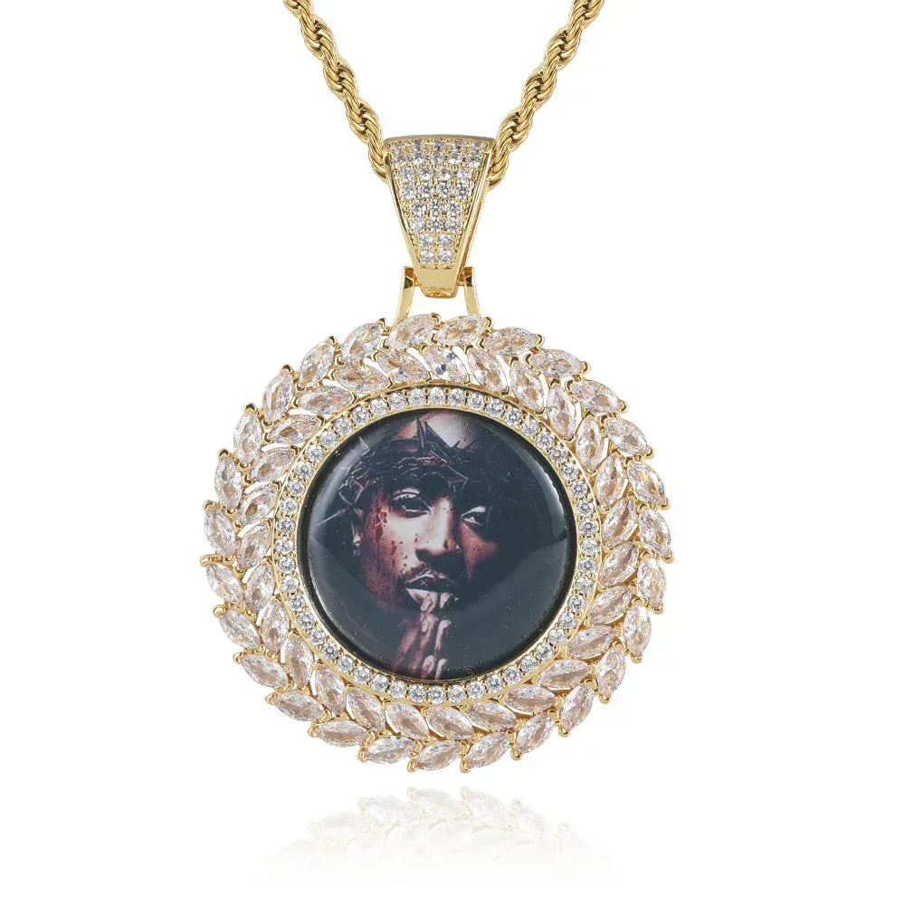 Custom Wheat Ear Round Photo Frame Pendant Necklace with Zircon Stones for Men | Caratix Jewelry - CaratixJewelry