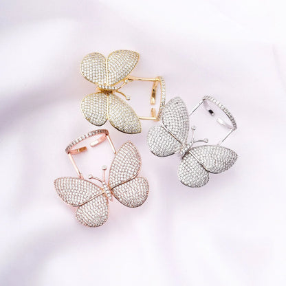 Women's Iced Out Butterfly Open Ring | Adjustable Wing Motif Band | Caratix