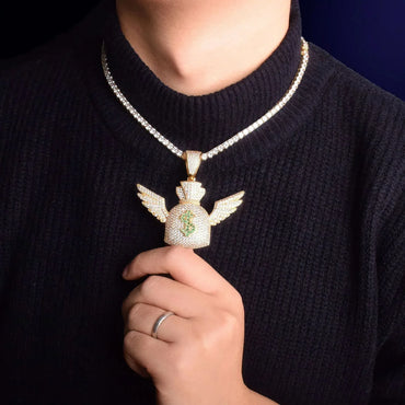 Iced Out Winged Money Bag Pendant | "Flying Cash" Men's Hip Hop Necklace | Premium Copper CZ Dollar Sign Jewelry | Bag Chaser Bling | Caratix - CaratixJewelry