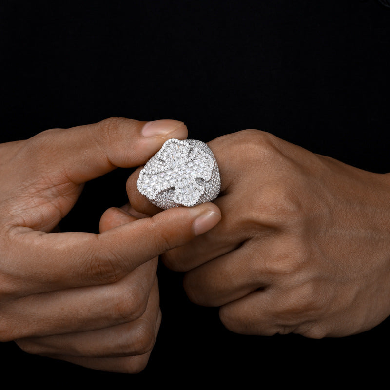 Baguette Moissanite Cross Men's Ring 925 Silver | Caratix