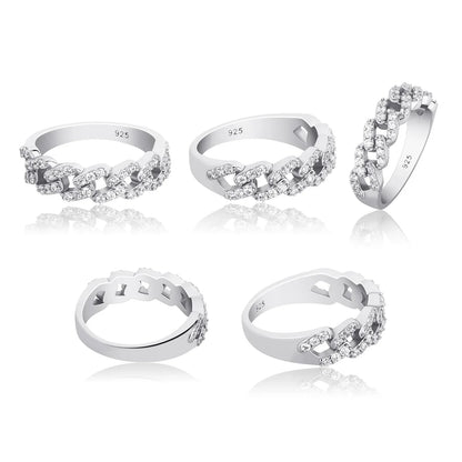Solid 925 Sterling Silver Cuban Link Ring | Iced Out Hip Hop Band | Caratix