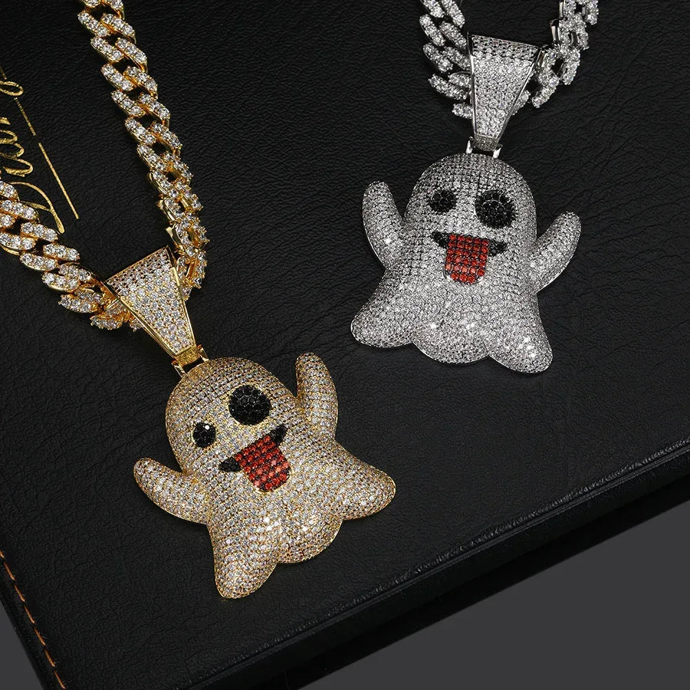 Large Tongue Out Ghost Pendant Necklace with Micro-Pave Zircon for Men | Caratix Jewelry - CaratixJewelry