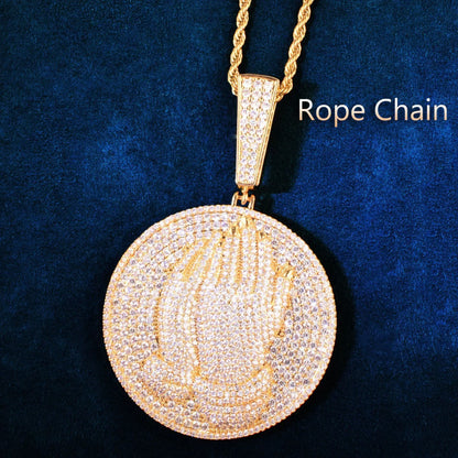 Double-Hand Disc Pendant Necklace | CZ Iced Out Hip Hop Streetwear Sweater Chain - CaratixJewelry