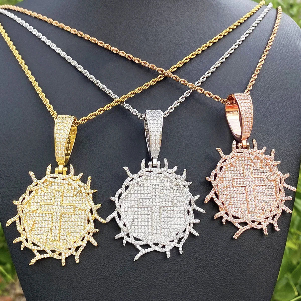 Iced Out Thorns Disc Cross Pendant | Men's Real Copper CZ Shield Necklace - CaratixJewelry
