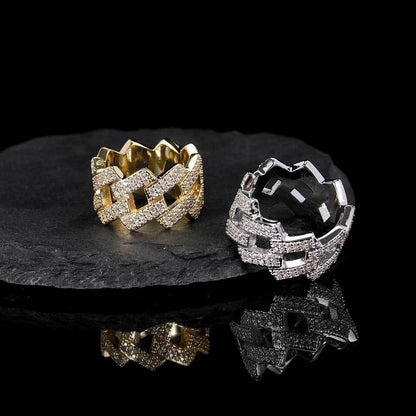 14mm -Shaped Cuban Ring with Double Row Zircon Stones and 18K Gold Plating for Men | Trendy Hip Hop Jewelry | Caratix Jewelry - CaratixJewelry