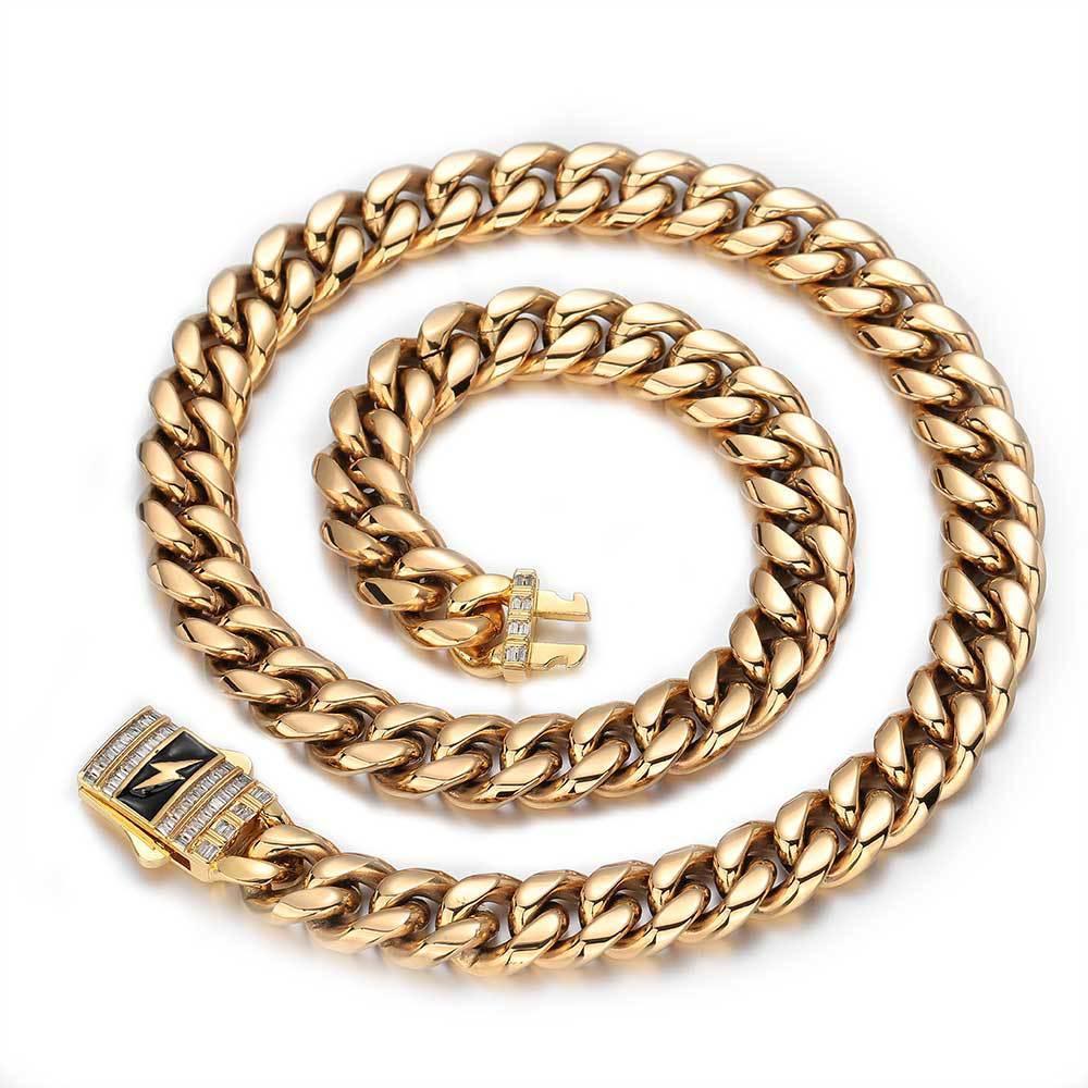 Stainless Steel Cuban Chain Lightning Zircon Necklace with Spring Clasp for Men | Caratix Jewelry - CaratixJewelry