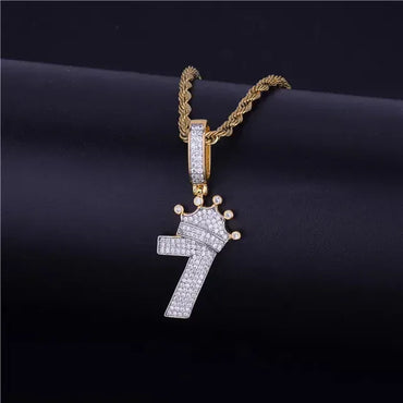 Luxury Iced Out Crown Number 7 Pendant | Lucky 7 Men's Hip Hop Necklace | Premium Copper CZ King Jewelry | CR7 Style Bling | Caratix - CaratixJewelry