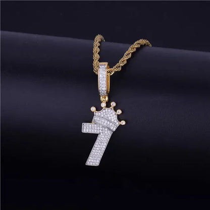 Luxury Iced Out Crown Number 7 Pendant | Lucky 7 Men's Hip Hop Necklace | Premium Copper CZ King Jewelry | CR7 Style Bling | Caratix - CaratixJewelry