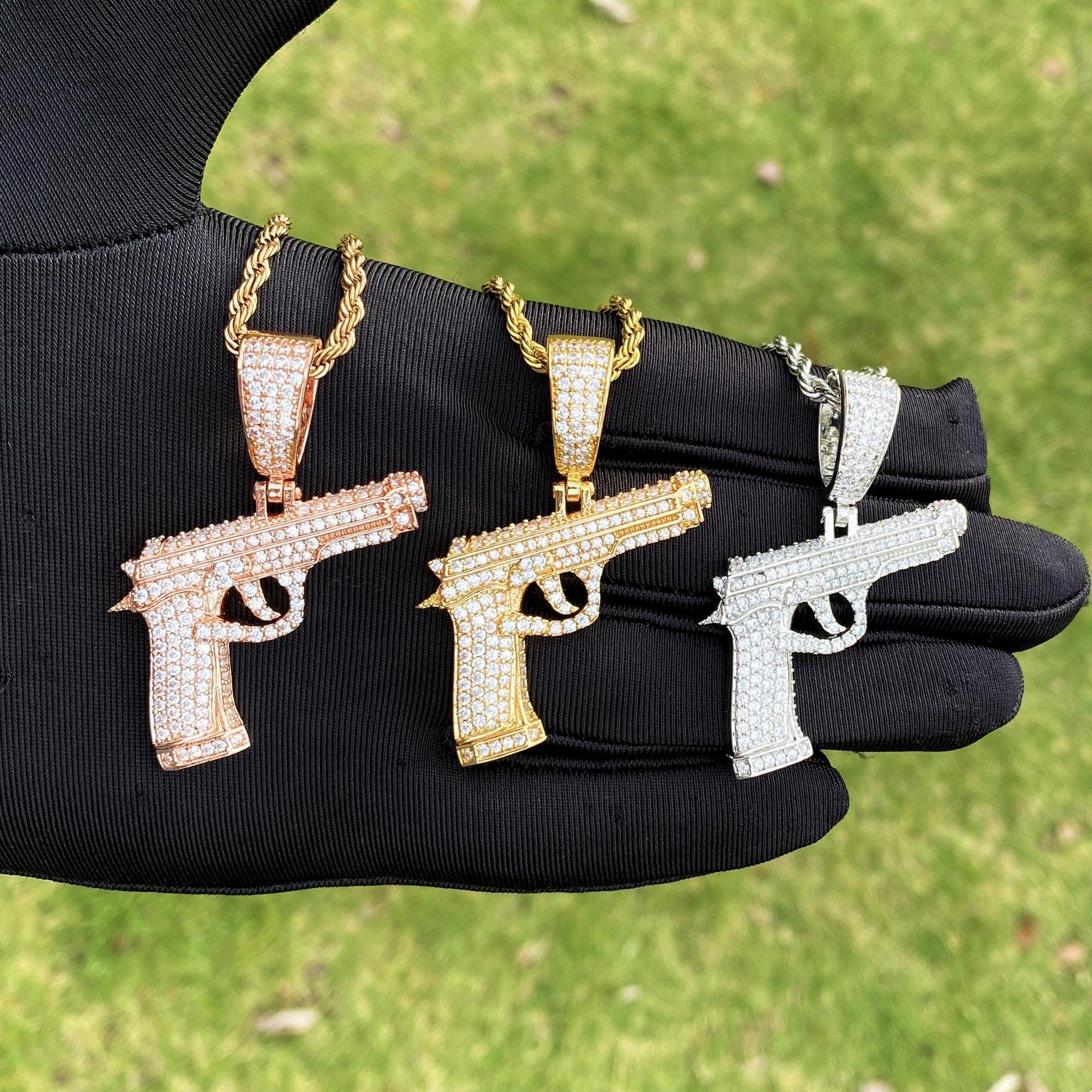 Iced Out Pistol Pendant | Women's "Baddie" Handgun Necklace | Premium Copper CZ Edgy Hip Hop Jewelry | Dangerous Glam Charm | Caratix - CaratixJewelry