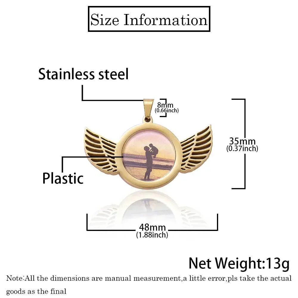 Winged Round Photo Frame Pendant Necklace with Customizable Photo for Men | DIY Stainless Steel Necklace | Caratix Jewelry - CaratixJewelry