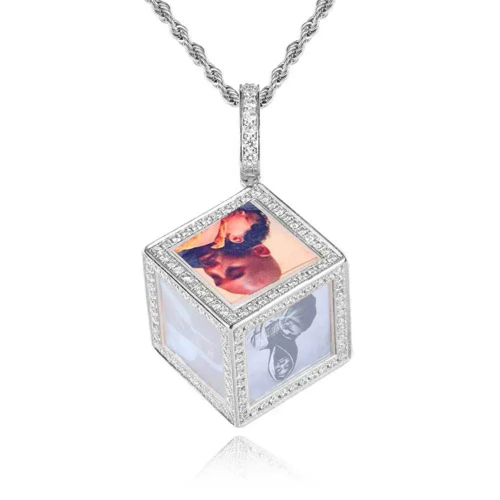 Custom Cube Memory Photo Pendant Necklace with Micro-Pave Zircon Stones | Caratix Jewelry - CaratixJewelry