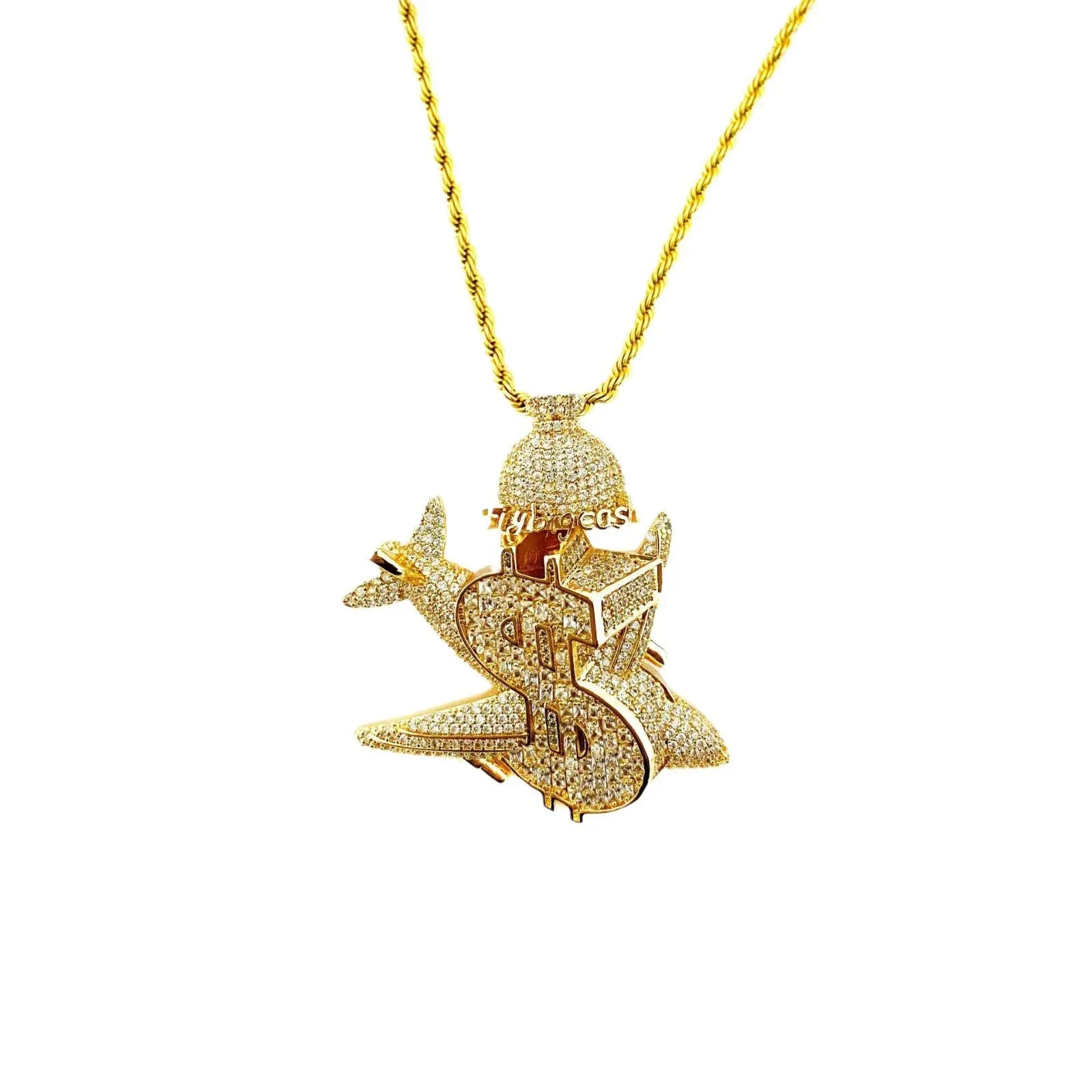 Iced Out Money Plane Pendant | Unisex Real Copper/S925 CZ Necklace | Luxury Hip Hop Flight to Riches Jewelry | Dollar Sign Plane Bling | Caratix - CaratixJewelry
