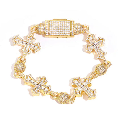 Custom Vintage Baguette Cross Ball Bracelet | Iced Out Round Bead Rapper Chain | Caratix - CaratixJewelry