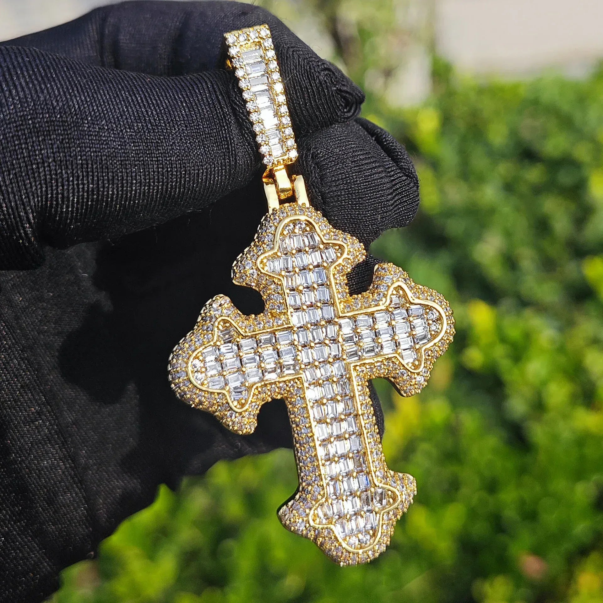Iced Out Step-Cut Cross Pendant Necklace- Hip Hop CZ - CaratixJewelry
