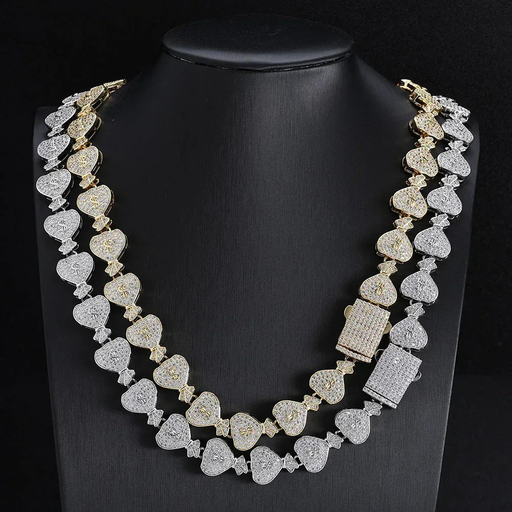 15mm Moissanite Money Bag Cuban Link Chain for Men – S925 Sterling Silver Custom Luxury Hip Hop Necklace - CaratixJewelry