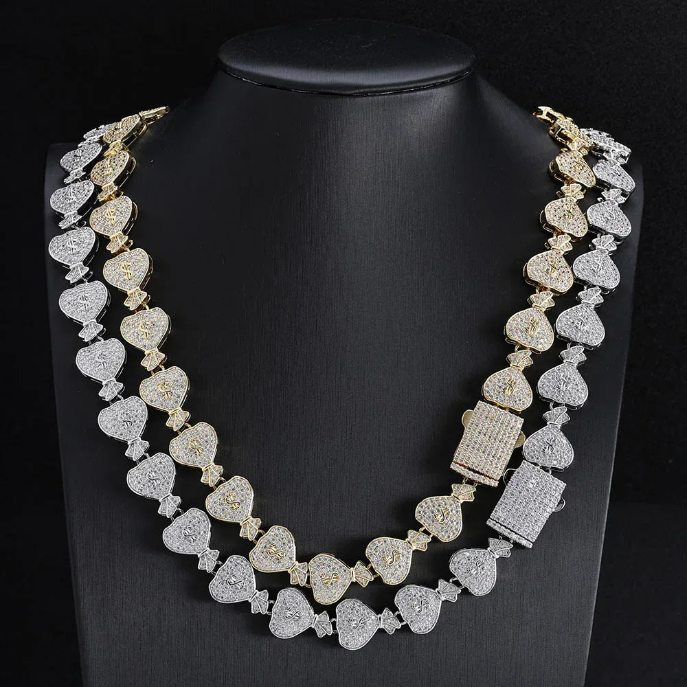 15mm Money Bag Zircon Cuban Chain Necklace - CaratixJewelry
