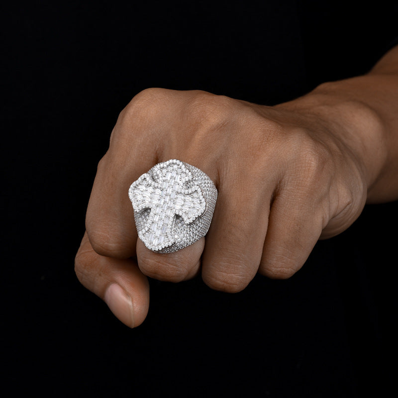 Baguette Moissanite Cross Men's Ring 925 Silver | Caratix