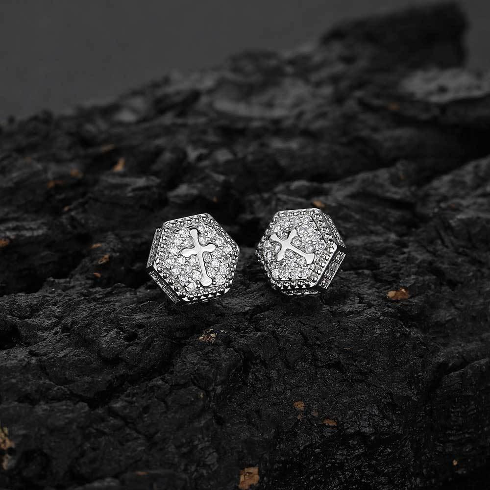 Hexagonal Cross Zircon Stud Earrings for Men and Women | Iced Out Hip Hop Jewelry | Caratix Jewelry - CaratixJewelry