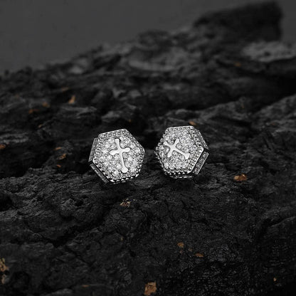 Hexagonal Cross Zircon Stud Earrings for Men and Women | Iced Out Hip Hop Jewelry | Caratix Jewelry - CaratixJewelry