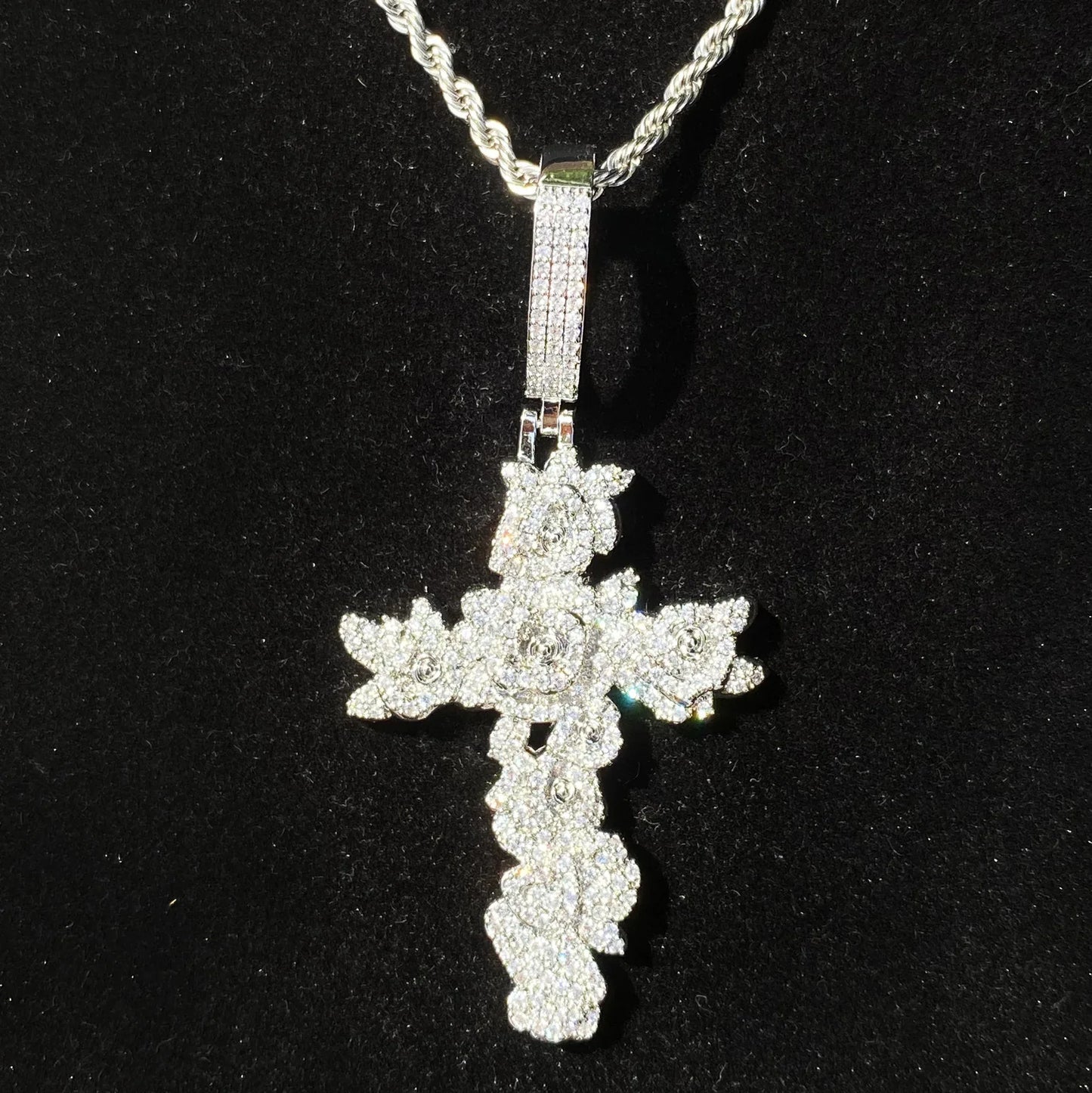 Iced Out Rose Cross Pendant | Women's Blooming Floral Necklace - CaratixJewelry