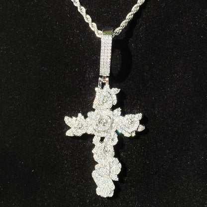 Iced Out Rose Cross Pendant | Women's Blooming Floral Necklace - CaratixJewelry