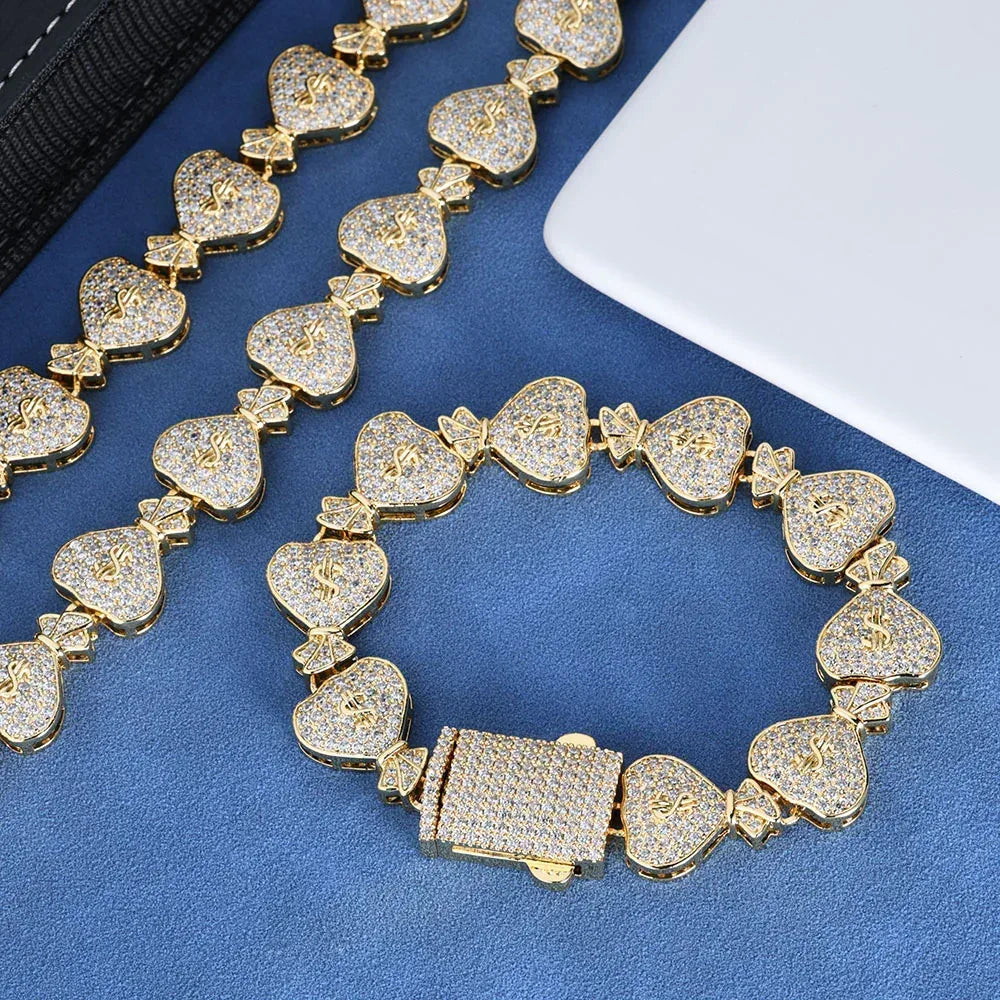 15mm Moissanite Money Bag Cuban Link Chain for Men – S925 Sterling Silver Custom Luxury Hip Hop Necklace - CaratixJewelry
