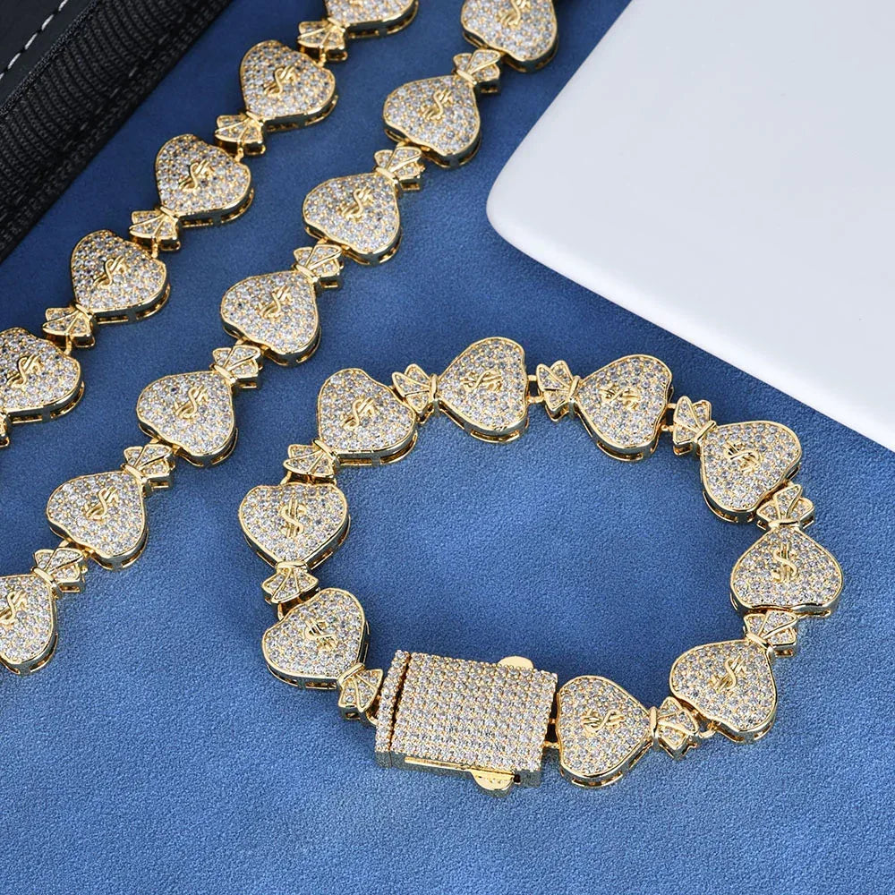 15mm Money Bag Cuban Chain Zircon Hip Hop Jewelry - CaratixJewelry