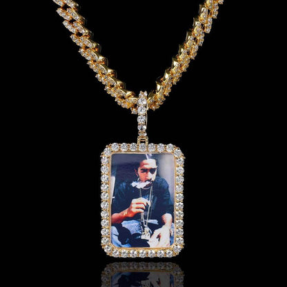 Custom Large Square Photo Pendant Necklace with Micro-Pave Zircon Stones | Caratix Jewelry - CaratixJewelry