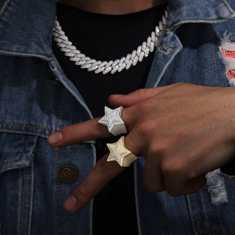 Unisex S925 Sterling Silver Moissanite Star Ring – Iced-Out Hip-Hop Statement Band