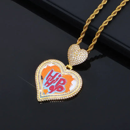 Custom Heart Photo Pendant Necklace with Zircon Stones for Men | Caratix Jewelry - CaratixJewelry