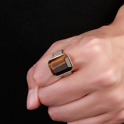 Natural Tiger's Eye Men's Ring | Solid Vintage Signet Band | Caratix