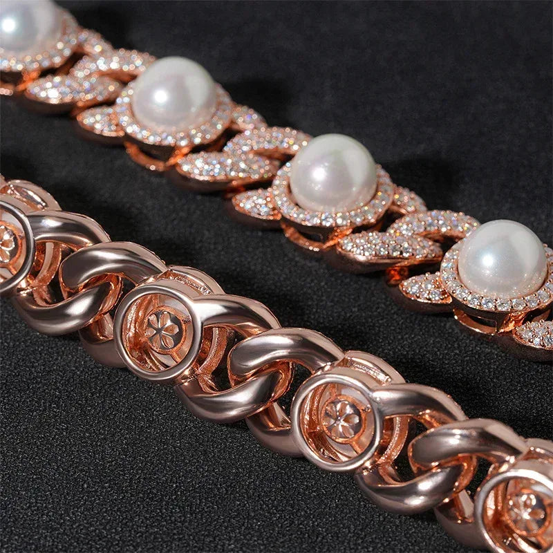15mm Pearl Moissanite Cuban Link Necklace | S925 Silver Men’s Hip Hop Chain - CaratixJewelry