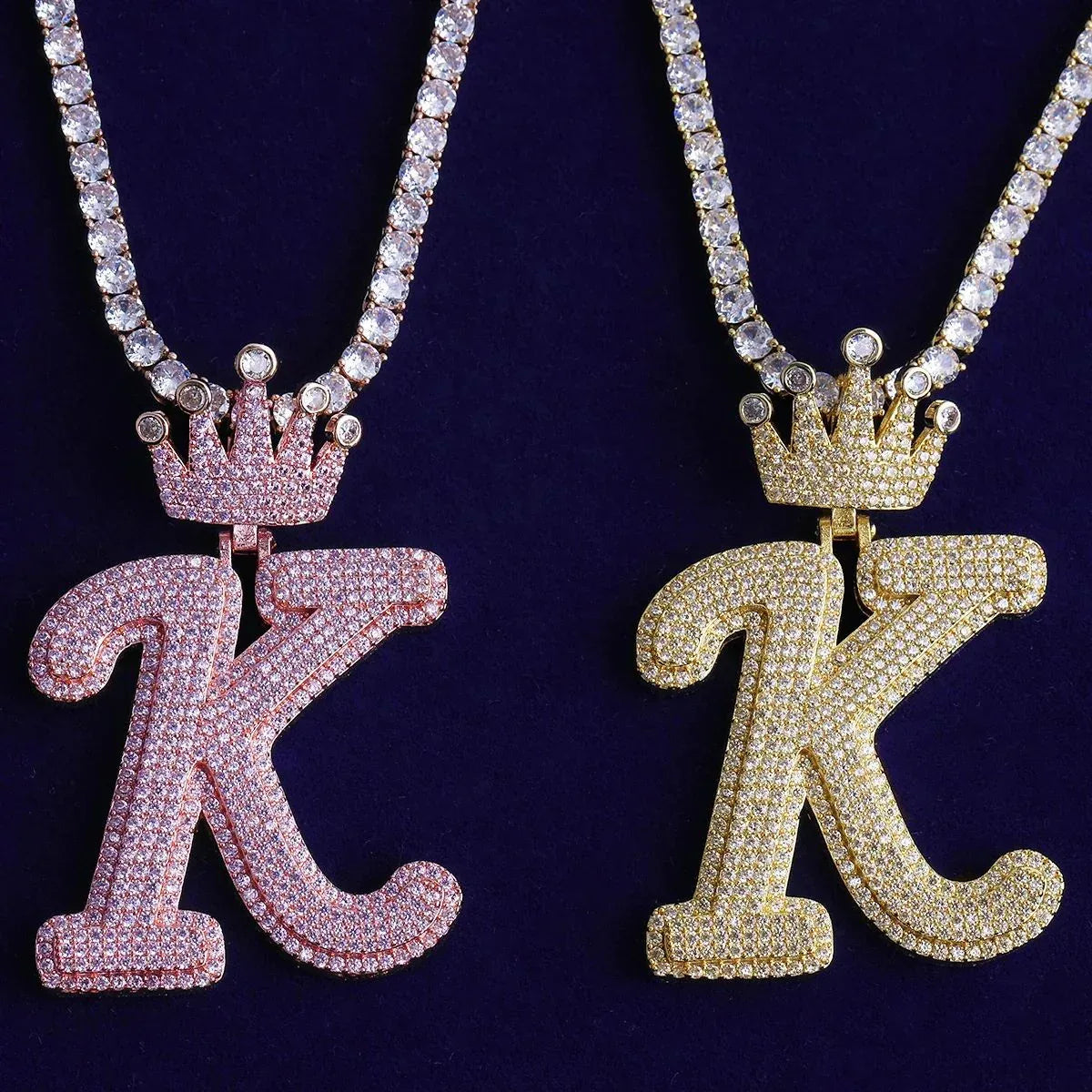 Iced Out Crown Letter K Pendant | Real Copper CZ Initial Necklace - CaratixJewelry