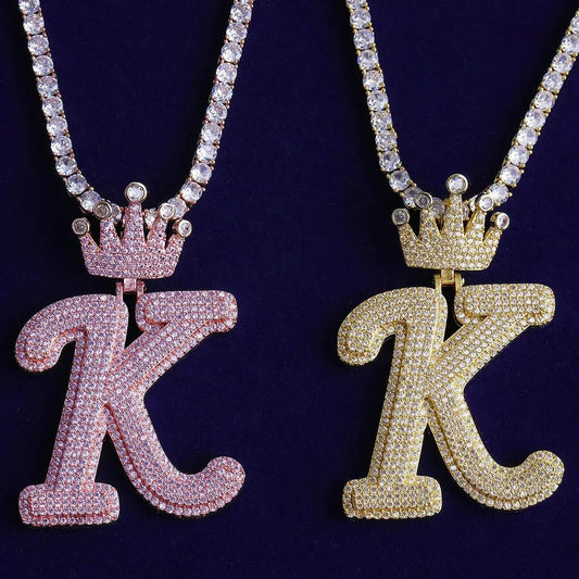 Iced Out Crown Letter K Pendant | Real Copper CZ Initial Necklace - CaratixJewelry