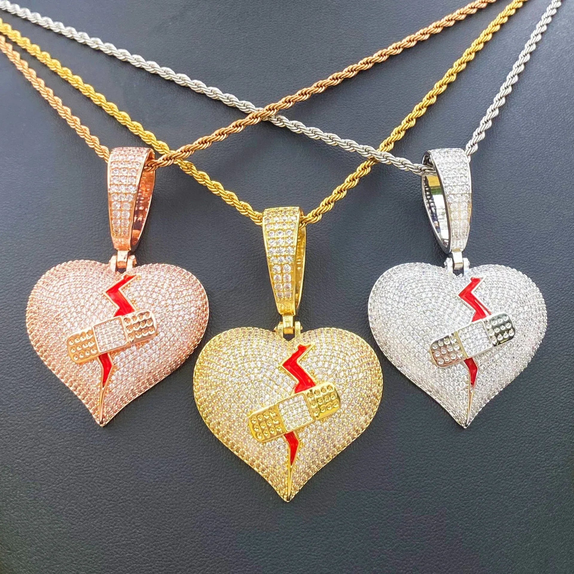 Iced Out "Mended Heart" Band-Aid Pendant | Men's Real Copper Broken Heart Necklace - CaratixJewelry