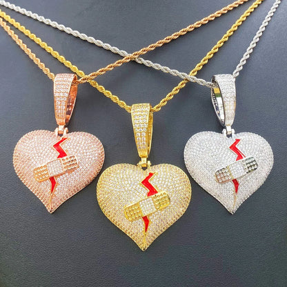 Iced Out "Mended Heart" Band-Aid Pendant | Men's Real Copper Broken Heart Necklace - CaratixJewelry