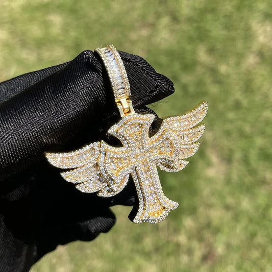Luxury Iced Out Angel Wings Cross Pendant for Men | Hip Hop Pave CZ Jewelry | Trendy Winged Cross Ice Pendant | Fashion Necklace | Caratix - CaratixJewelry