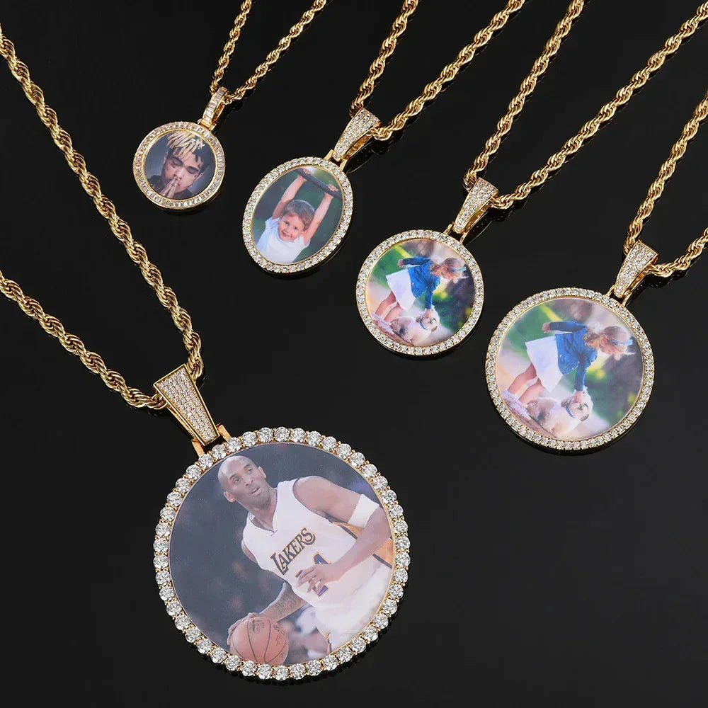 Custom Round Photo Pendant Necklace with Zircon Stones for Men and Women | Caratix Jewelry - CaratixJewelry