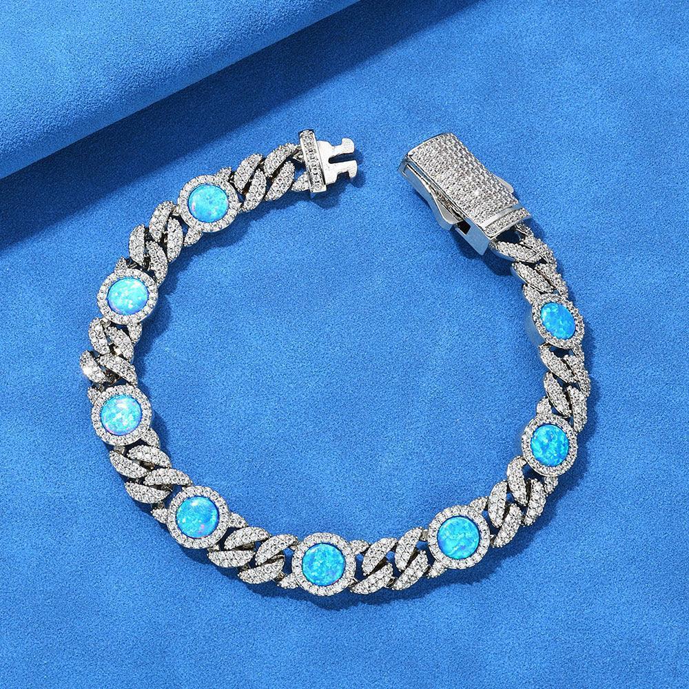 8mm Blue Gemstone Opal Zircon Hip Hop Jewelry Cuban Bracelet - CaratixJewelry