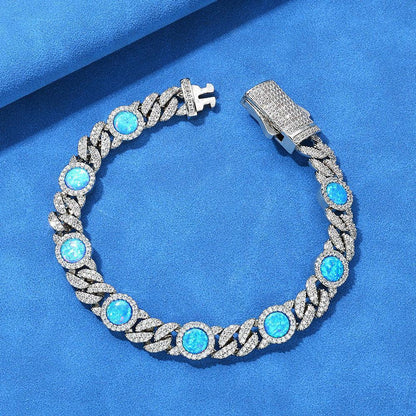8mm Blue Gemstone Opal Zircon Hip Hop Jewelry Cuban Bracelet - CaratixJewelry