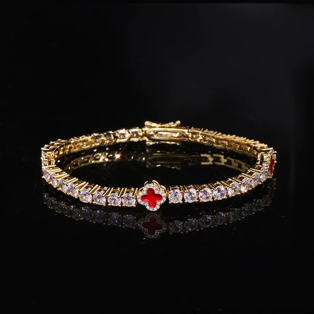 S925 Sterling Silver Moissanite Clover Bracelet | Color Enamel Tennis Chain | Tester Passed Rapper Chain Style | Caratix - CaratixJewelry