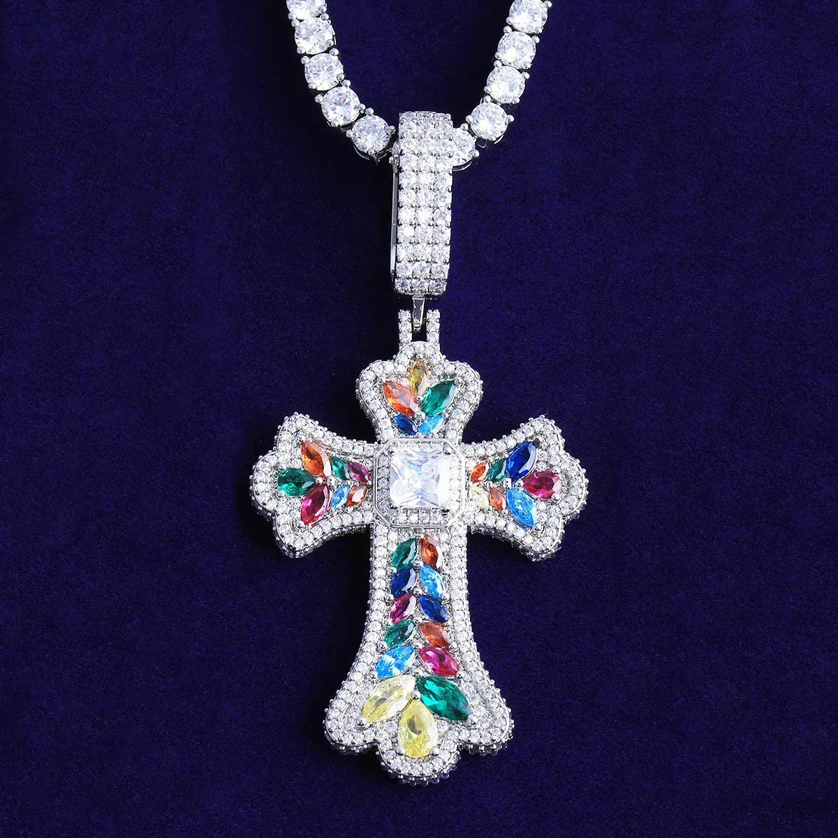 Luxury Multi-Color Iced Out Cross Pendant for Men | Hip Hop Rainbow Zircon Necklace | Genuine Copper CZ Jewelry | Senior Sense Bling | Caratix - CaratixJewelry