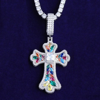 Luxury Multi-Color Iced Out Cross Pendant for Men | Hip Hop Rainbow Zircon Necklace | Genuine Copper CZ Jewelry | Senior Sense Bling | Caratix - CaratixJewelry
