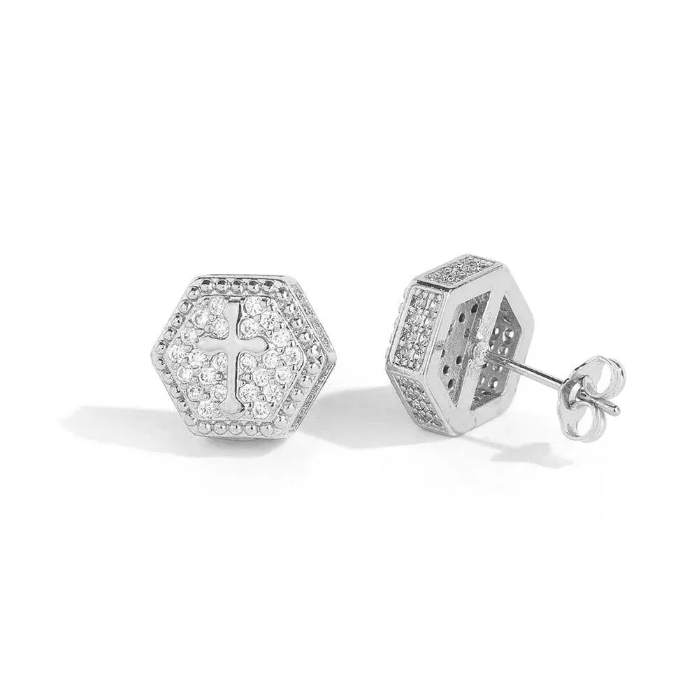 Hexagonal Cross Zircon Stud Earrings for Men and Women | Iced Out Hip Hop Jewelry | Caratix Jewelry - CaratixJewelry