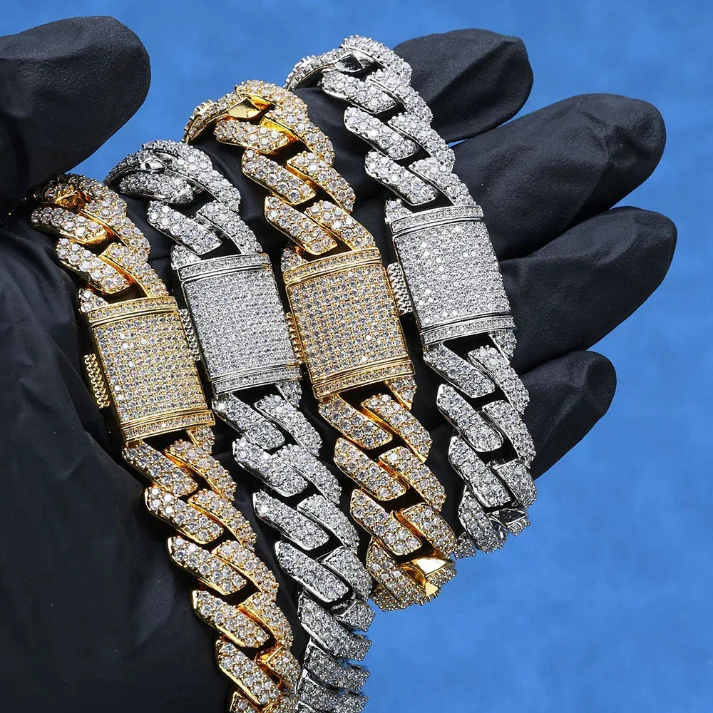 15mm Double-Row Moissanite Cuban Link Chain – S925 Sterling Silver -Cut Iced-Out Hip Hop Men’s Luxury Streetwear Necklace - CaratixJewelry
