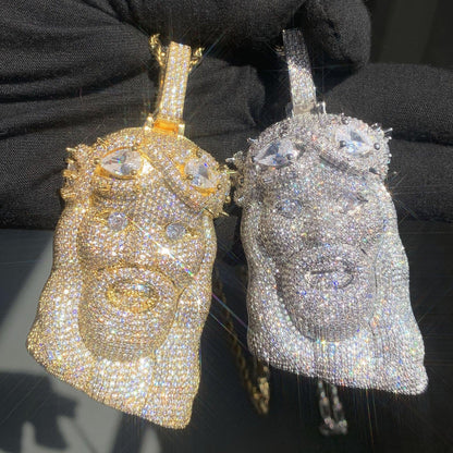 Iced Out Jesus Head Halo Pendant Necklace – Heavy Solid CZ Hip Hop Luxury Jewelry - CaratixJewelry